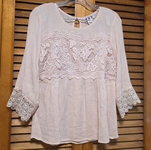 Boho Blush Pink Lace Peasant Blouse Bell Sleeves & Crochet Detail Size XS